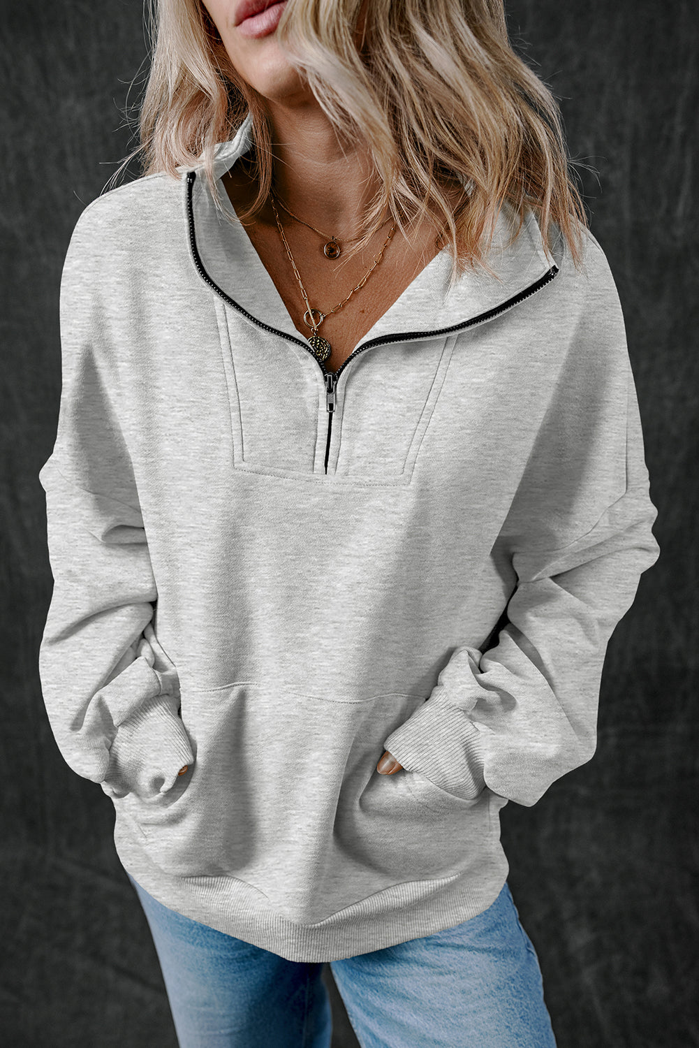 Zip-up Stand Neck Kangaroo Pocket Hoodie.