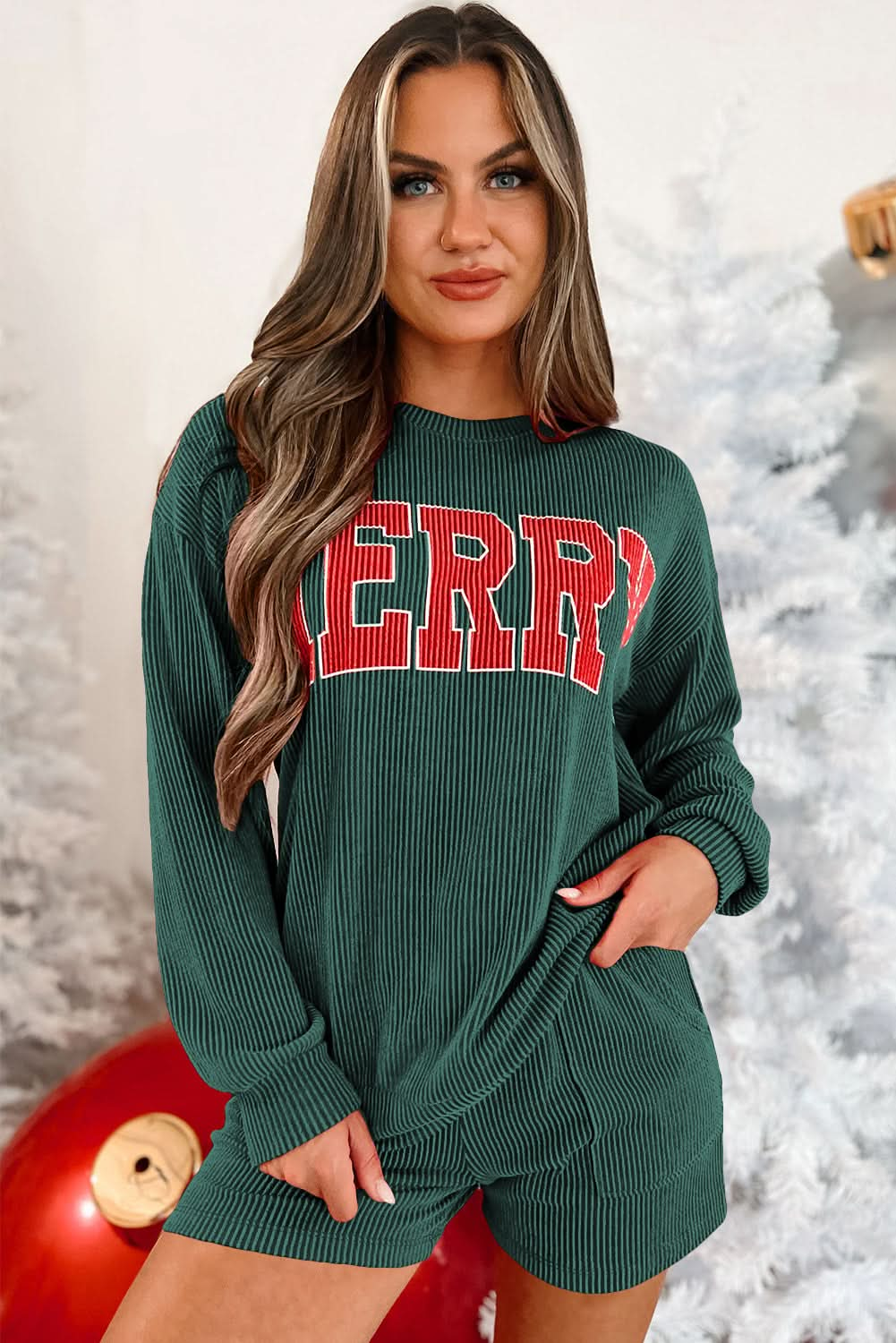 Evergreen Corded MERRY Top and Shorts Set.