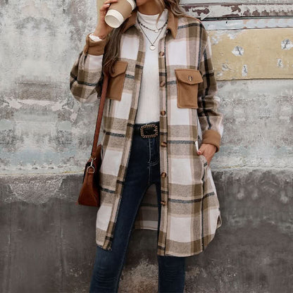 New Brushed Plaid Long Coat With Pockets Fashion Winter Jacket.