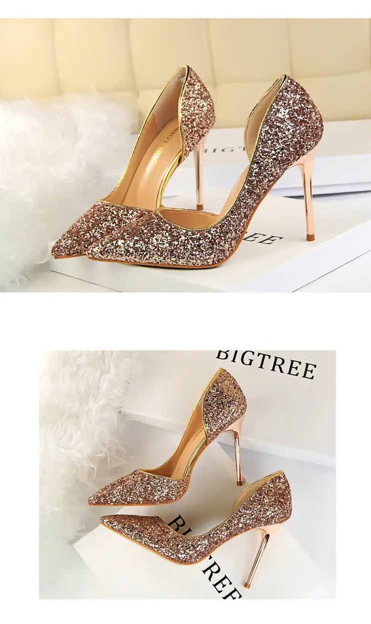 Skinny Women’s Shoes Stiletto Heel Shallow Mouth Pointed Side Hollow-out Sequin