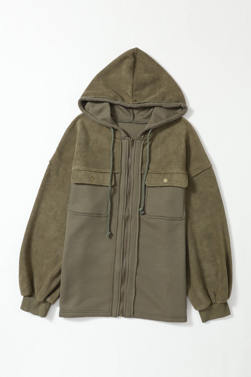 Green Flap Pockets Bishop Sleeve Zip Up Hoodie.