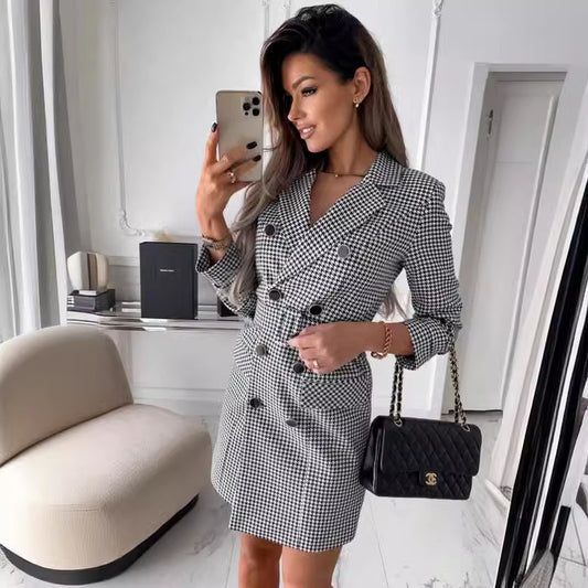 Fashion Printing Plaid Blazer Dress Women