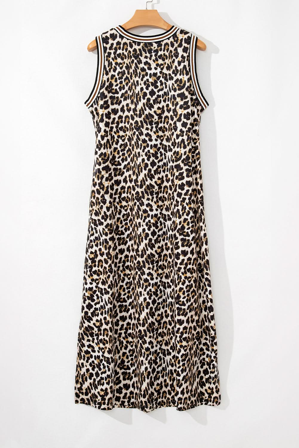 Black Contrast Striped Trim Leopard Sleeveless Midi Dress.