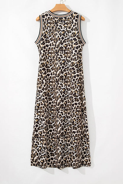 Black Contrast Striped Trim Leopard Sleeveless Midi Dress.