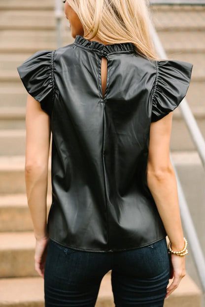 Black Solid Color Leather Frill Neck Ruffle Blouse.