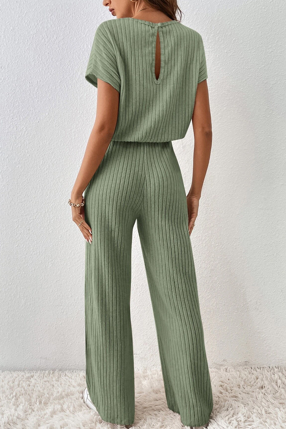 Parchment Ribbed Short Sleeve Wide Leg Jumpsuit.