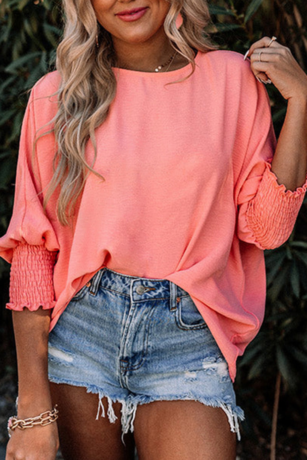 Casual Shirred Cuffs Half Sleeve Blouse.