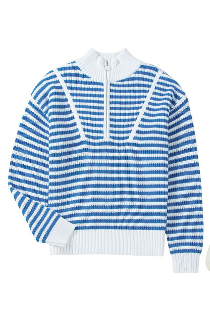 Black Stripe Zip-Up Collar Drop Sweater for Casual Elegance