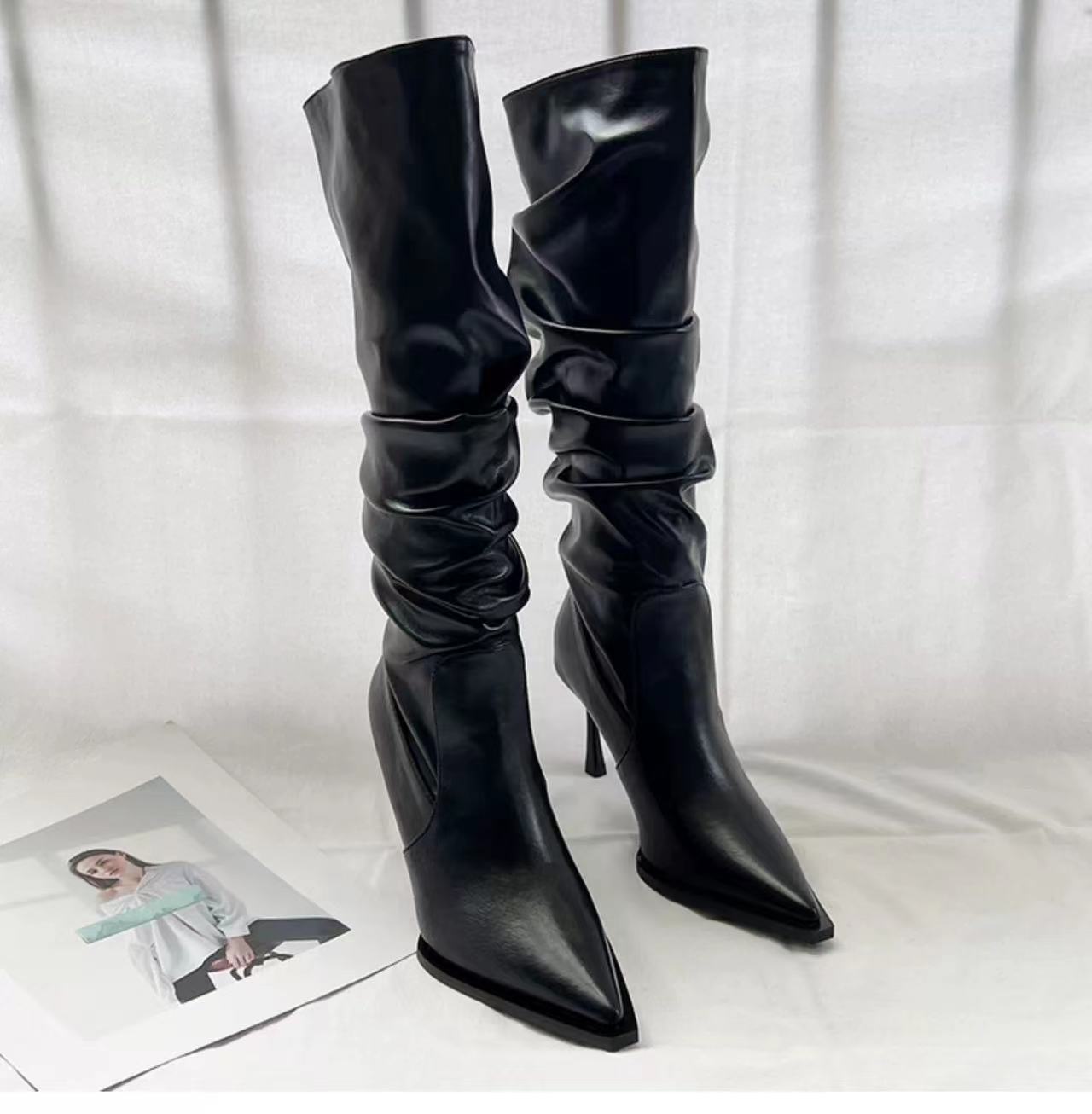 European And American Pointed Pleated High Boots Women