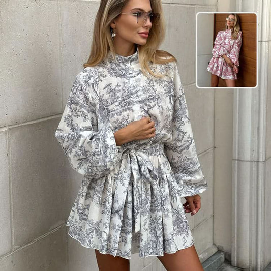 Ink Print Long Sleeve Short Dress.