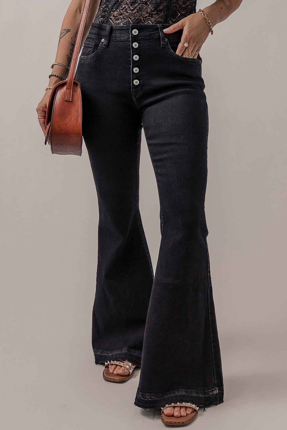 Black High Waist Button Front Flare Jeans.