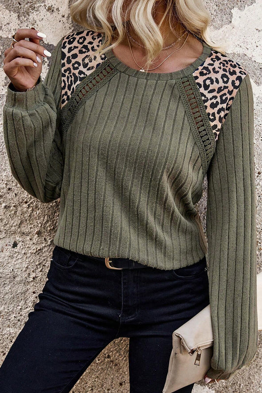 Moss Green Leopard Print Patchwork Textured Top.