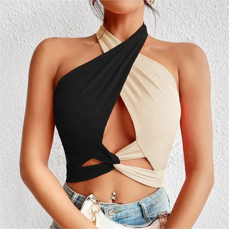 Fashion Women’s Color Matching Midriff-baring Top