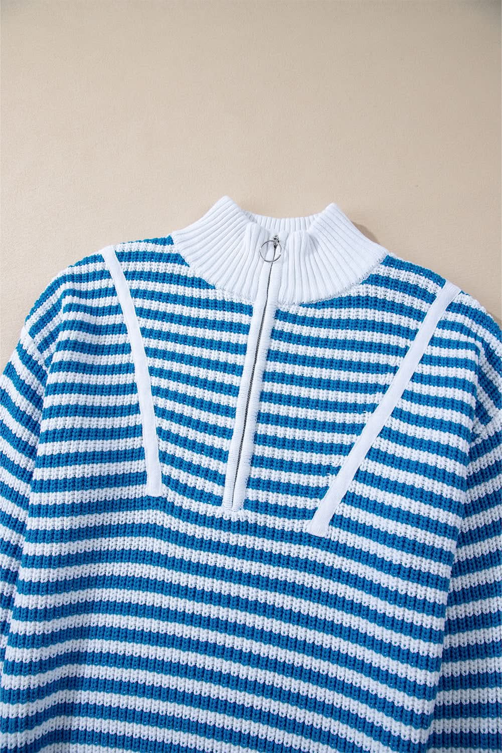 Black Stripe Zip-Up Collar Drop Sweater for Casual Elegance