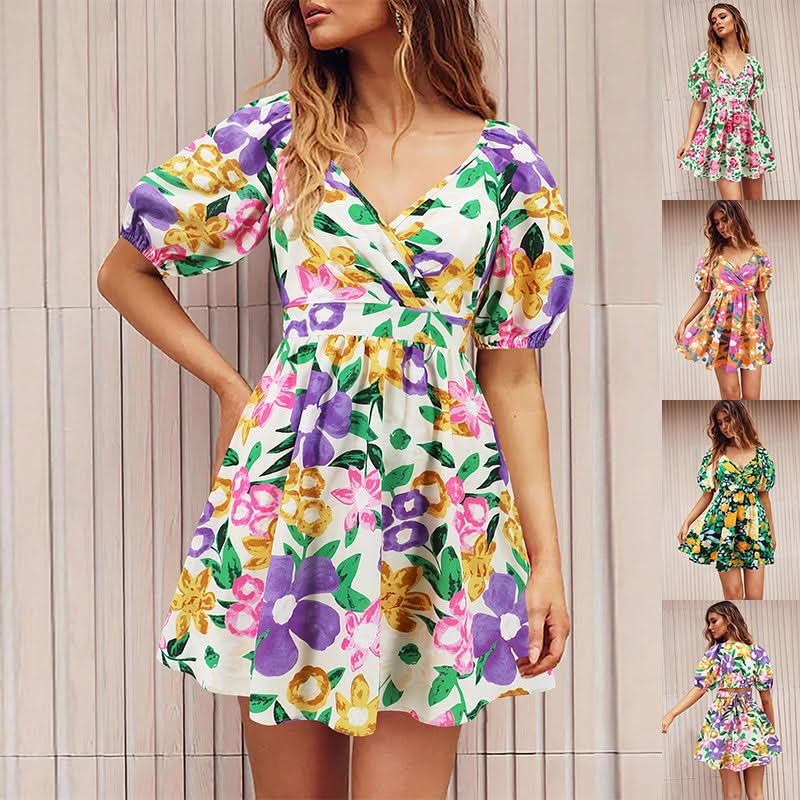 Flowers Print V-Neck Lantern-sleeve Dress.