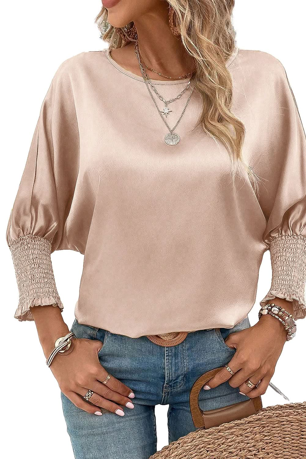 Smoke Gray Smocked Dolman Sleeve Satin Blouse.