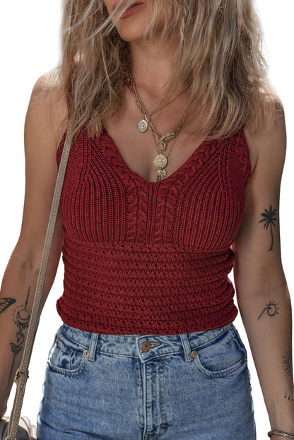 Burgundy Slim Fit V Neck Cable Knit Pointelle Camisole.