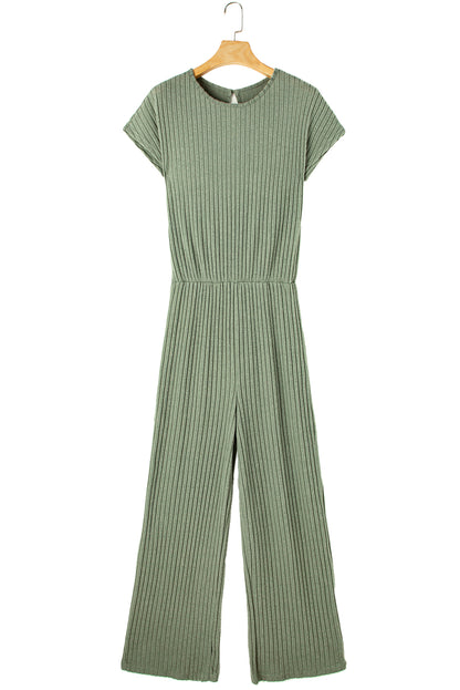 Parchment Ribbed Short Sleeve Wide Leg Jumpsuit