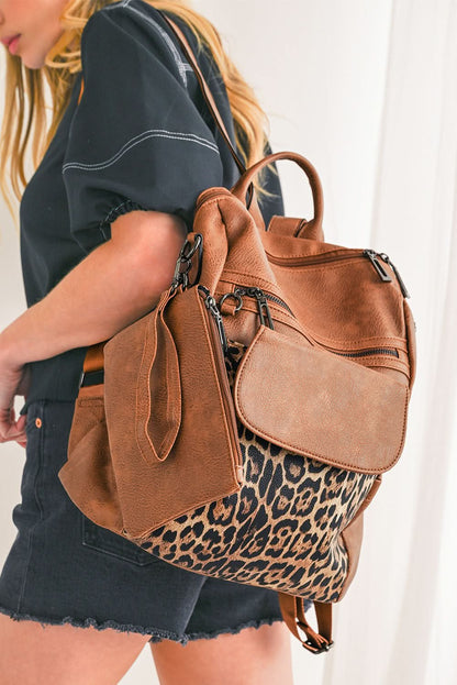 Coffee Leopard Patchwork PU Leather Functional Backpack.