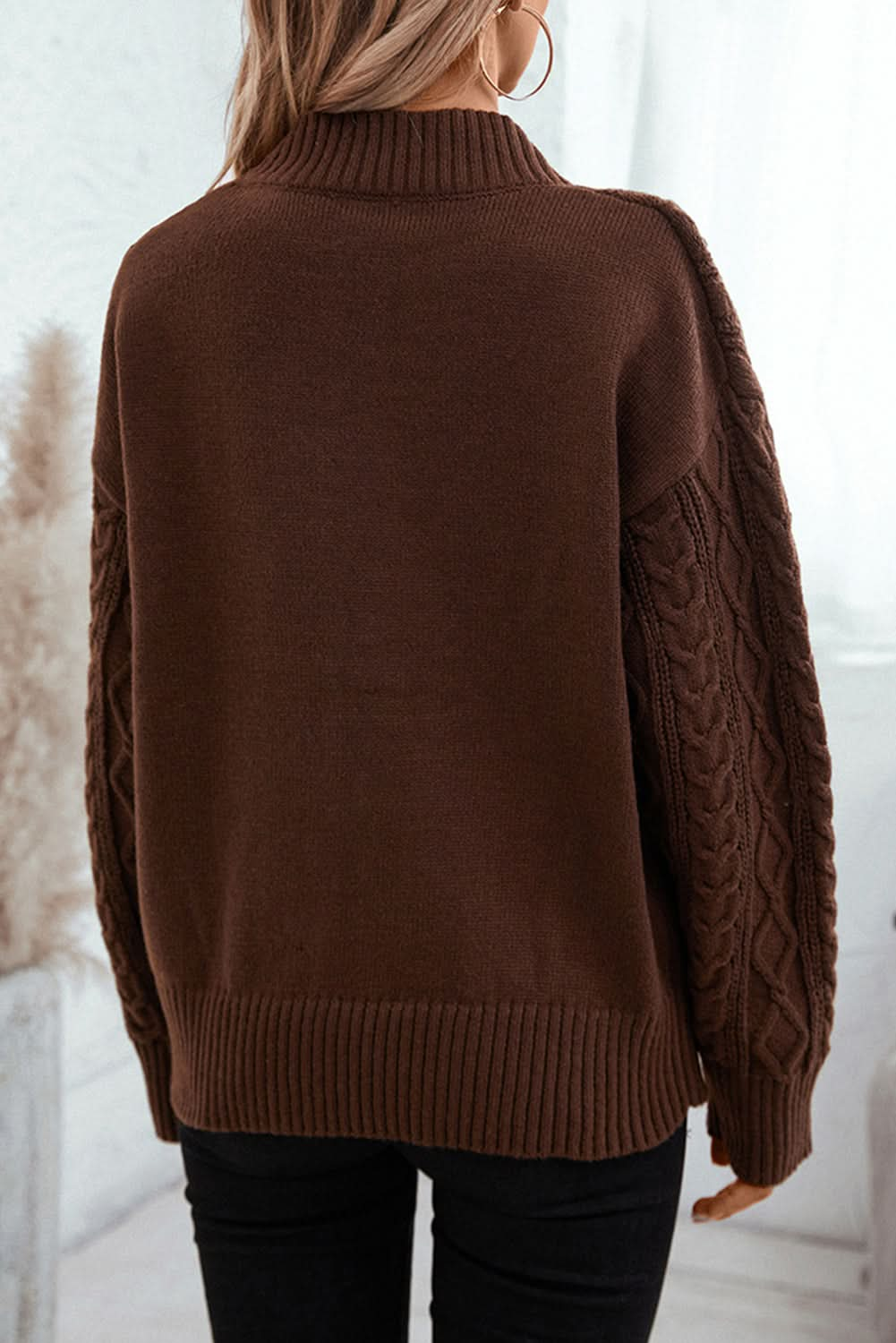 Coffee Twisted V-Neck Loose Casual Knit Sweater.