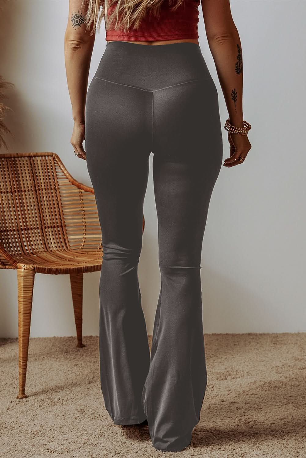 Black V Shape High Waist Flared Leggings.