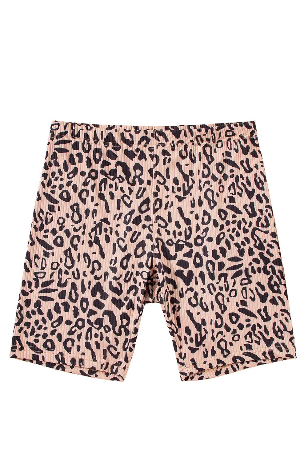 Khaki Leopard Print Ribbed Textured Knit Biker Shorts.