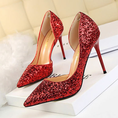 Skinny Women's Shoes Stiletto Heel Shallow Mouth Pointed Side Hollow-out Sequin.