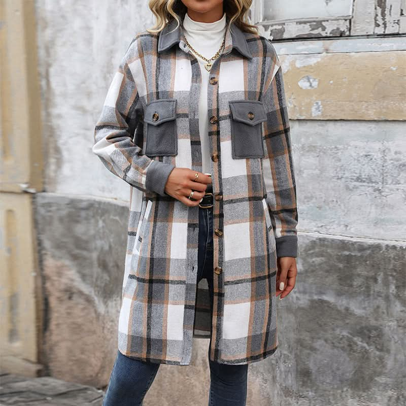 New Brushed Plaid Long Coat With Pockets Fashion Winter Jacket.