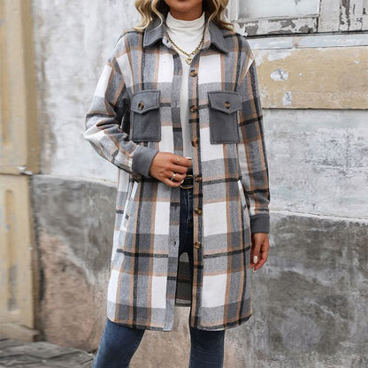 New Brushed Plaid Long Coat With Pockets Fashion Winter Jacket.