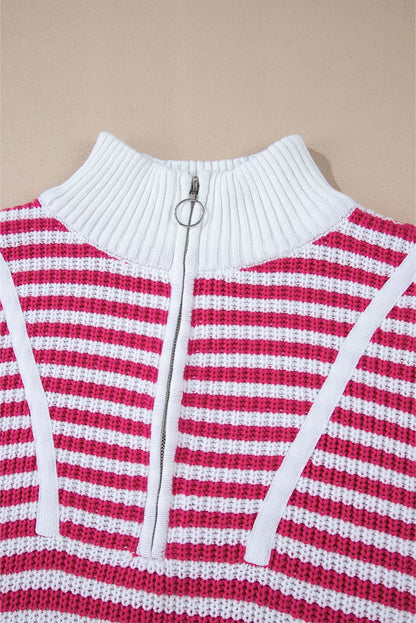 Black Stripe Zip-Up Collar Drop Sweater for Casual Elegance