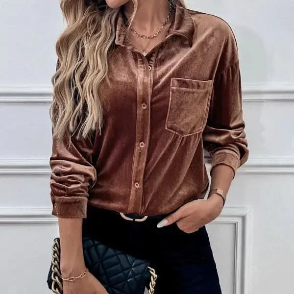 Autumn Cardigan Lapel Velvet Solid Color Long-sleeved Shirt.