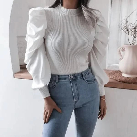 Blouse Women Puff Sleeve Knit Tops Streetwear T Shirt.