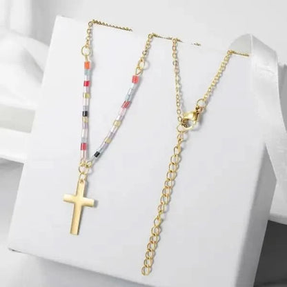 Colorful Beaded Cross Necklace.