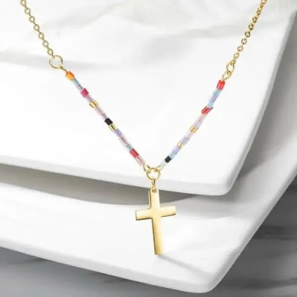 Colorful Beaded Cross Necklace.