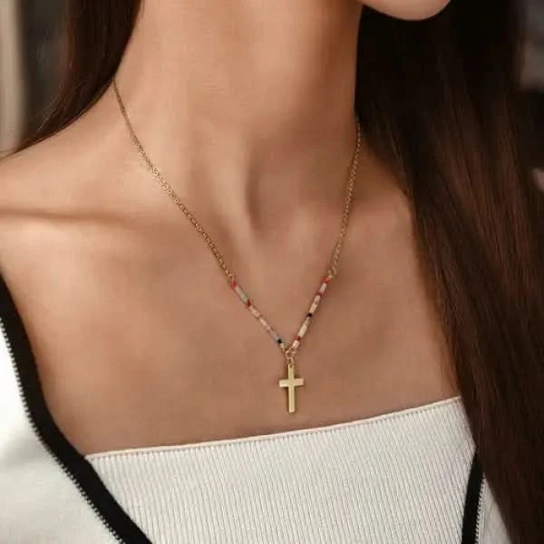 Colorful Beaded Cross Necklace.