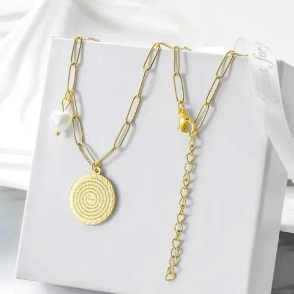 Disc Coin with Love-shaped Pearl Pendant Necklace.