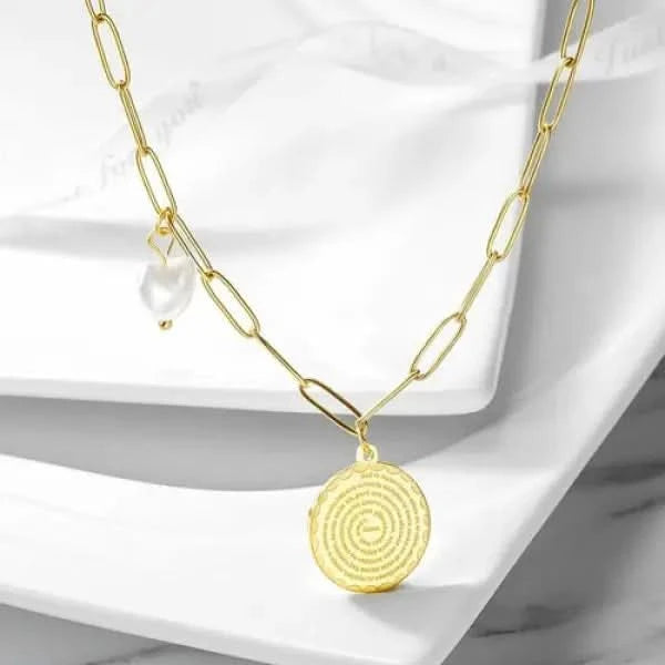 Disc Coin with Love-shaped Pearl Pendant Necklace.