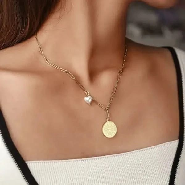 Disc Coin with Love-shaped Pearl Pendant Necklace.