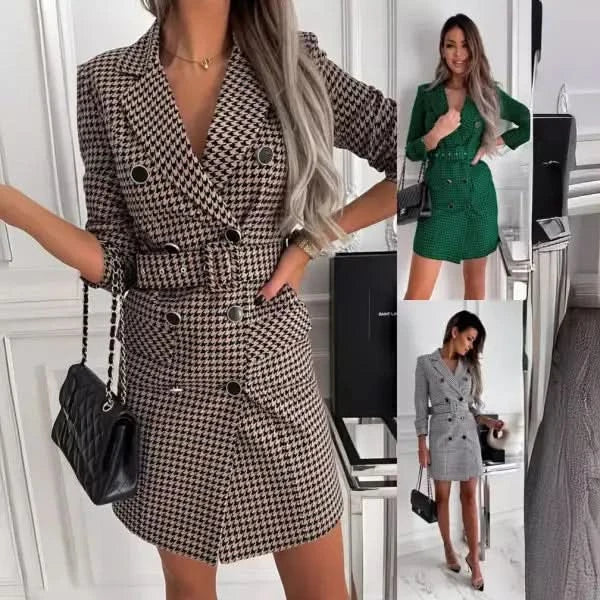 Fashion Printing Plaid Blazer Dress Women.