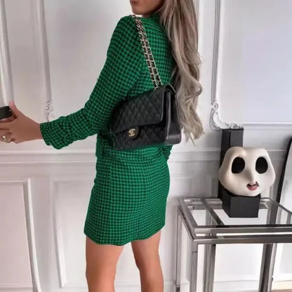 Fashion Printing Plaid Blazer Dress Women.