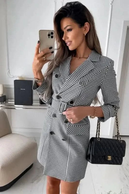 Fashion Printing Plaid Blazer Dress Women.