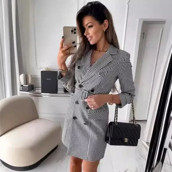 Fashion Printing Plaid Blazer Dress Women.