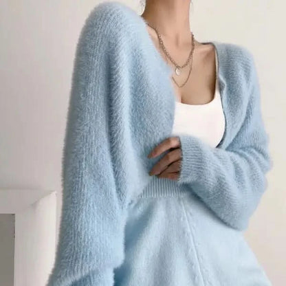 Furry Sweater Long Sleeve Short Blouse Outer Coat.