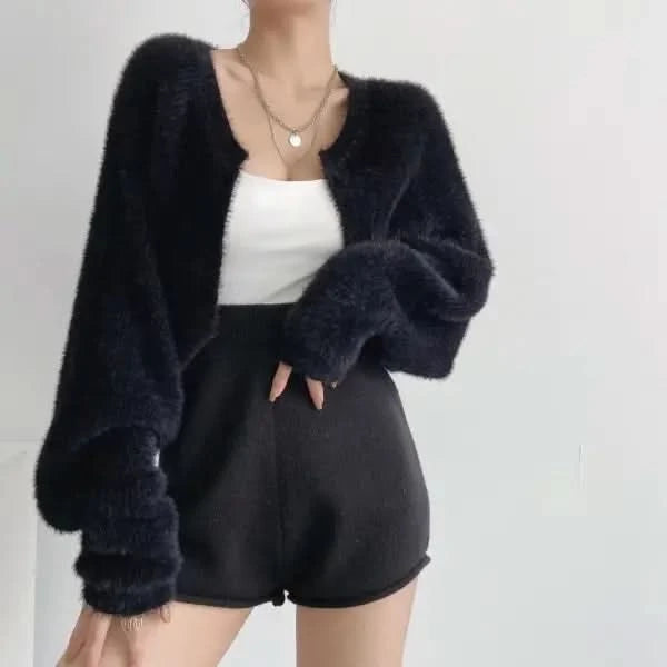 Furry Sweater Long Sleeve Short Blouse Outer Coat.