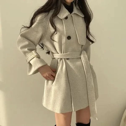 Korean Style Fashion Lace-up Retro Woolen Trench Coat.