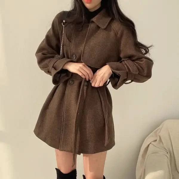 Korean Style Fashion Lace-up Retro Woolen Trench Coat.