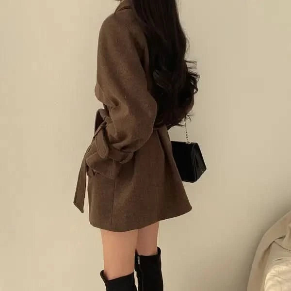 Korean Style Fashion Lace-up Retro Woolen Trench Coat.