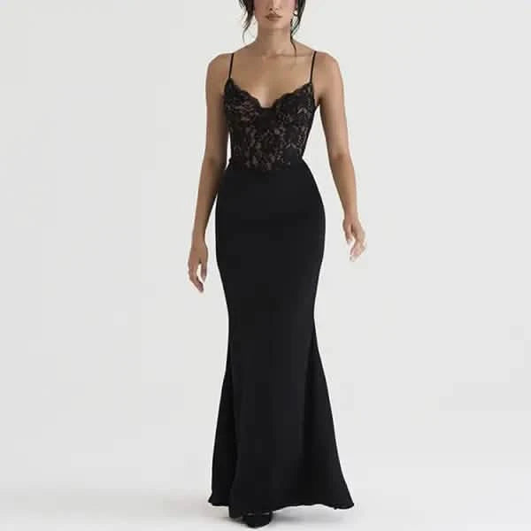 Lace High Waist Long Dress Deep V Strap Fishtail Gown.