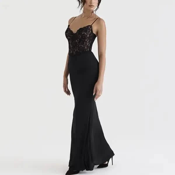 Lace High Waist Long Dress Deep V Strap Fishtail Gown.