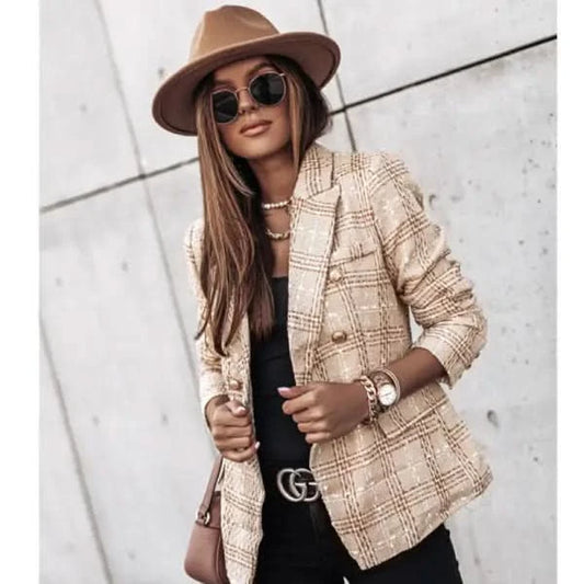 Long-sleeved slim-breasted plaid small blazer.